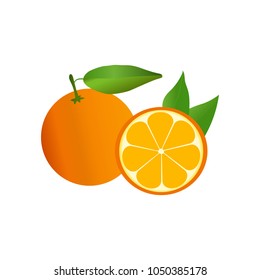 Orange with half on white background. Orange fruit with leaf isolated on white.