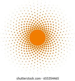 Orange Halftone Circle Frame Vector Design Element On White Background. Halftoned Dots Flash Light With Fade Effect Of Halo. Optical Illusion Of Half Tone Spirograph Flower.