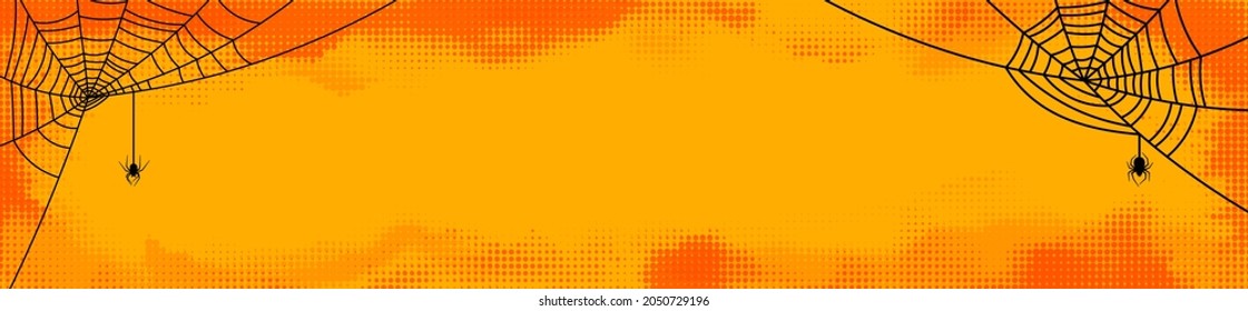 Orange halftone dotted horizontal frame. Spiders with web. Halloween banner with space for text. Vector illustration.