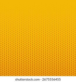 Orange halftone hexagon, linear gradient pattern. An arrangement of hexagonal shapes.