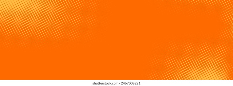 Orange halftone pattern. Retro comic gradient background. Bright pixelated dotted texture overlay. Cartoon pop art faded gradient pattern. Vector backdrop for poster, banner, advertisement