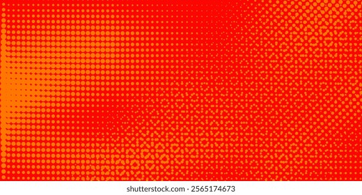 orange halftone pattern. Retro comic gradient background. Bright orange pixelated dotted texture overlay. Cartoon pop art faded gradient pattern. Vector backdrop for poster, banner, advertisement