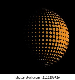 orange halftone sphere isolated on black background, vector illustration