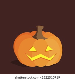 An orange Halloween autumn pumpkin with a tail and light-up cut-out triangular eyes and a yellow mouth. Isolated vector picture on a brown background, vektor.