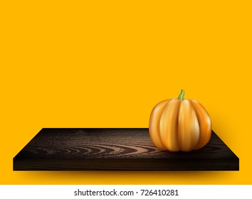 Fondo de halloween naranja con calabaza 3d en estante. Ilustración vectorial.