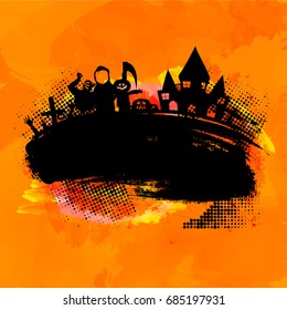 Orange Halloween background in abstract halftone style with silhouette of spooky vampire, haunted castle, pumpkins and zombie hands.
