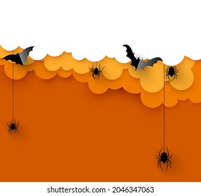 Orange Halloween background with black paper spiders and bats. Vector illustration.