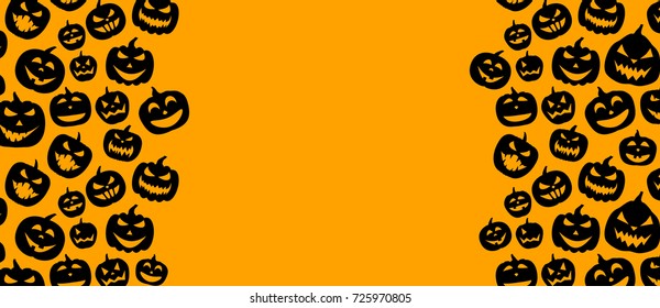 Orange halloween background with black pumpkin faces pattern. Vector illustration.