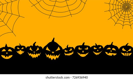 Orange halloween background with black pumpkin faces and spiderweb. Vector illustration.