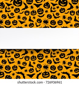 Orange halloween background with black pumpkins, bats and spiders. Vector illustration.