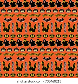 Orange Halloween background with black pumpkins, bats, castles and ghosts. Seamless vector background.
