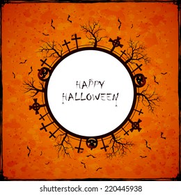 Orange Halloween background with cemetery, trees and pumpkins, illustration.