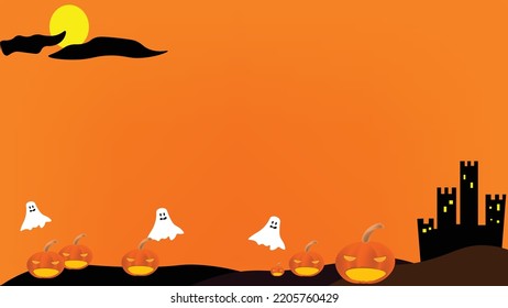Orange halloween background full moon in The Top Of Jack O Lantern Hill and Flying White Ghost And Vampire Castle