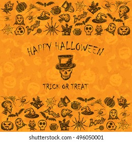Orange Halloween background with set of scary sketches icons, holiday theme with inscription Happy Halloween and trick or treat, illustration.