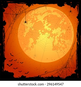 Orange Halloween background with spiders and bats, illustration.