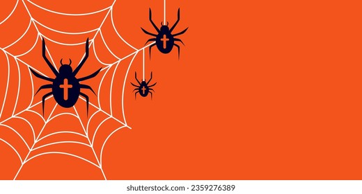 Orange Halloween background with spiders  and spider web. Vector.