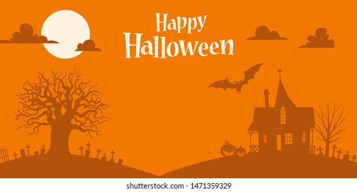 Orange Halloween background template. Haunted House, Full Moon, Bats, Ominous Pumpkins, Cemetery - Vector
