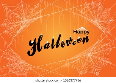 Orange Halloween background with white spiderweb. Letters hanging with spiderweb. Vector EPS10