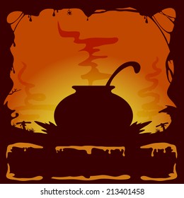 Orange Halloween background with witches cauldron, illustration.