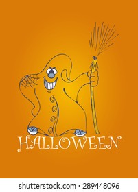 orange halloween backgrounds with smile ghost with broom
