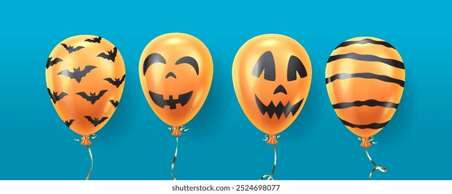 Globos naranjas de Halloween con caras espeluznantes y murciélagos de colores realistas. Ilustraciones de objetos 3d de diseño de fiesta festiva en azul