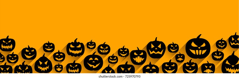 Orangefarbenes halloween Banner mit schwarzem Kürbisgesichtsmuster. Vektorgrafik.