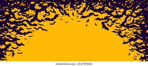 Orange Halloween banner with black silhouette of flying bats flock 