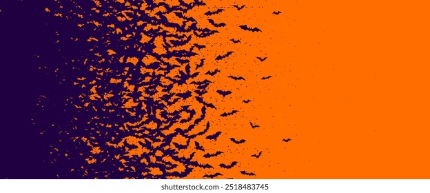 Orange Halloween banner with black silhouette of flying bats flock 