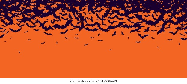 Orange Halloween banner with black silhouette of flying bats flock 