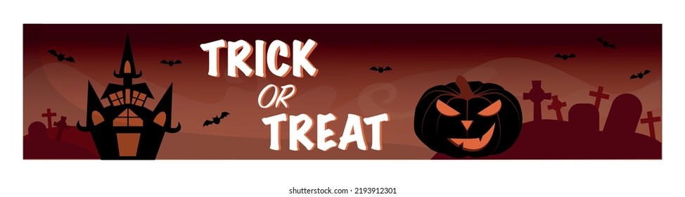 Orange Halloween banner with graves, bats and scare pumpkin