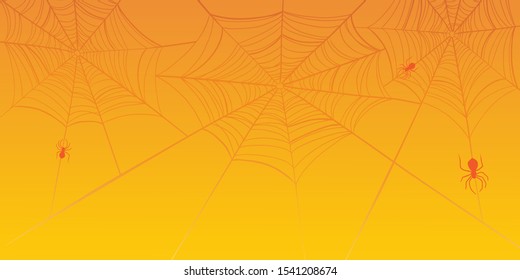 Orange Halloween banner with spiderweb and spiders. Vector background. 
