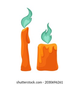 Orange halloween candles with blue flame. Vector colorful illustration isolated on white background. A pair of candles with dripping wax.