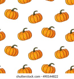 Orange halloween cartoon  pumpkin vector illustration. Harvest symbol season decoration. Vector seamless pattern of pumpkin isolated on white background.