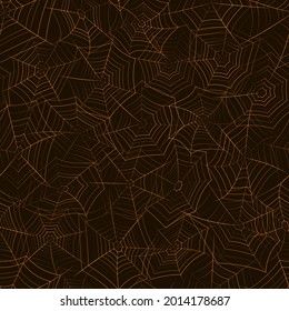 Orange halloween cobweb seamless pattern. Flat vector cartoon illustration. Outline sketch on black background.