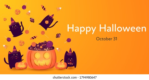 Orange Halloween Day banner vector illustration with group of black cat in witch hat enjoy with candies.