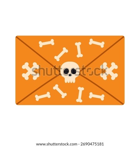 Orange Halloween envelope with skull and bones pattern. Simple spooky design for party invitations, card or holiday decor. Flat vector. Hand drawn.