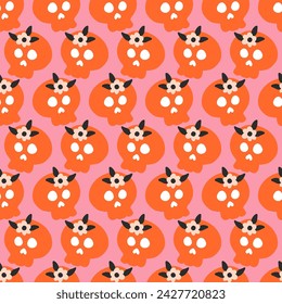 Orange Halloween Floral Skulls Vector Seamless Pattern