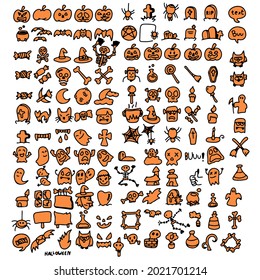 orange halloween icon set hand drawn with black lines isolated on white background illustration vector
