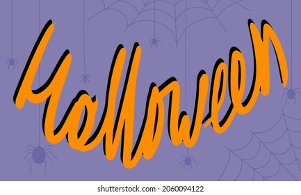 orange halloween inscription on a purple background, handwritten inscription halloween on spider background
