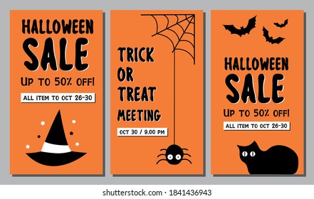 Orange halloween instagram stories. Halloween social media posts. Halloween sale and invitation. Flat Illustration. Witches hat, spider and cat.