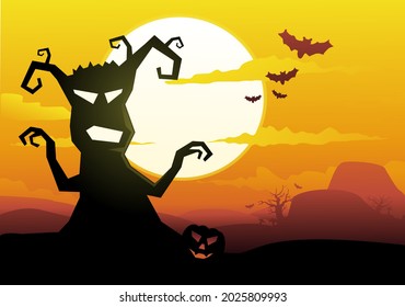 Orange halloween landscape with a monster tree silhouette in the foreground