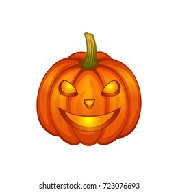 Orange Halloween lantern pumpkin . Funny happy face. Vector illustration on a white background.