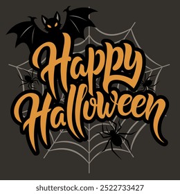 Orange Halloween lettering with bat and scary spiders on web. Isolated design on dark background. Banner design, party poster design