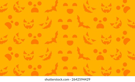 Orange Halloween pattern features scary face, bats, and ghosts. Suitable for Halloween themed designs, party invitations, and seasonal decorations.