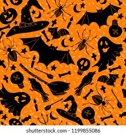 Orange Halloween Pattern with Mushrooms, with hat, bat, pumpkin and candles, bones and broom. Ready for print in fabric textile design