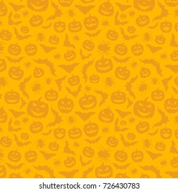 Orange halloween pattern with pumpkins, bats and spiders. Vector illustration.