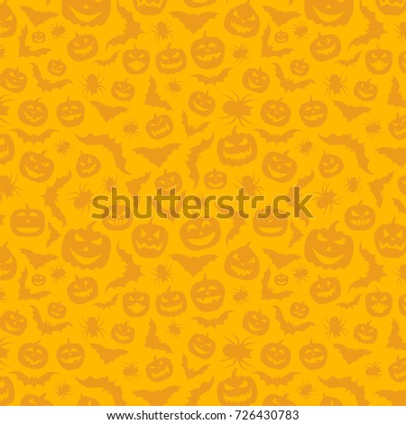 Orange halloween pattern with pumpkins, bats and spiders. Vector illustration.