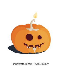 Orange Halloween pumpkin with burning candle and flowing wax, cut out round eyes and mouth. Isolated vector picture on a white background..