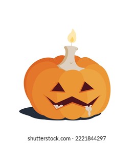 Orange Halloween pumpkin with burning candle and flowing wax, cut out triangular eyes and mouth. Isolated vector picture on a white background.