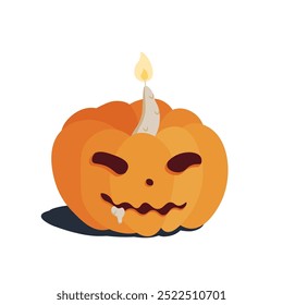 An orange Halloween pumpkin with a burning candle and flowing wax carved with a scary face. Isolated vector picture on a white background, vektor.